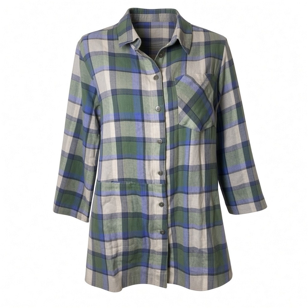 Gudrun Sjoden Tunic Women L Green Blue Plaid Organic Cotton Button Down Shirt